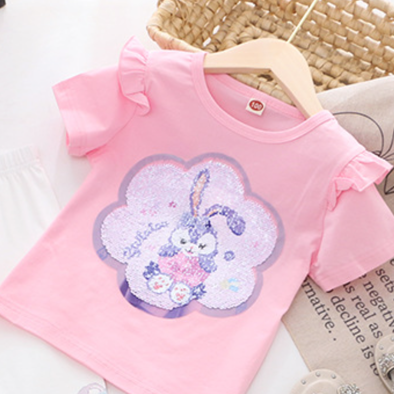 DISNEY Frozen Princess Elsa toddler designer clothes Children's summer clothes girl short-sleeved T-shirt girl color-changing sequin top.