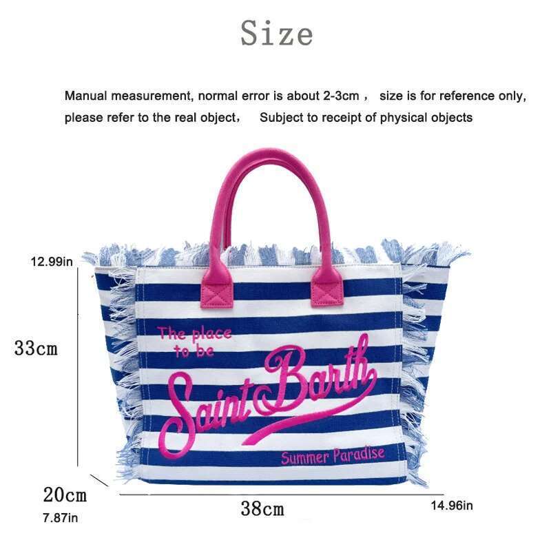 Saint Barth European And American New Women's Large Capacity Fashion Horizontal Striped Deep Blue Tassel Beach Handbag
