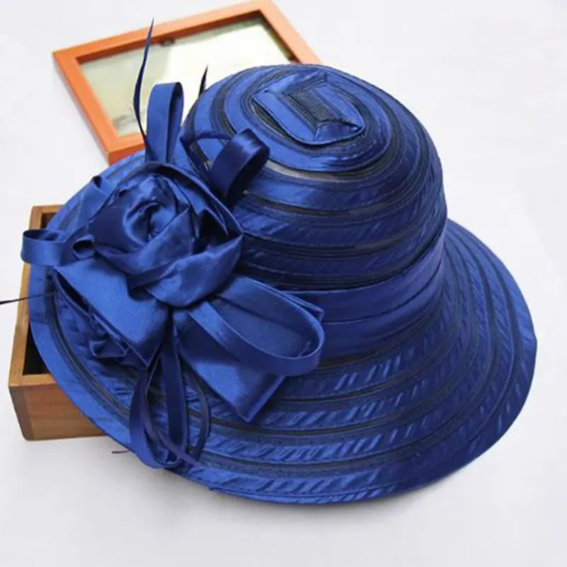 Fashion Women Summer Organza Sun Hats Wide Brim With Big Flower Fedora Hat Elegant Ladies Wedding Church Party 250512