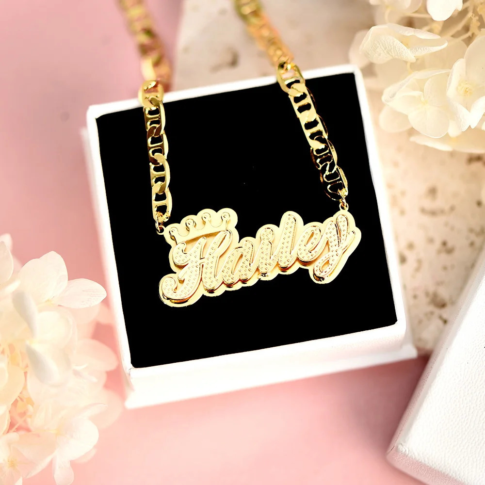 DHQH Customized 3D Name Necklace with Crown Personalized Double Layer Pendant Flat Chain Womens Stainless Steel Jewelry Gift 250512