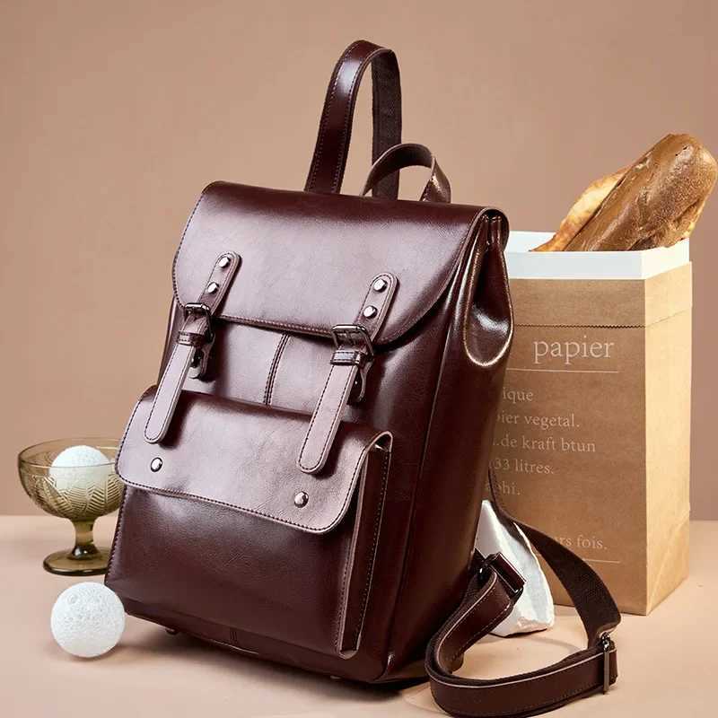 Womens Genuine Leather British Style Fashion Backpacks Wearable Cowhide Computer Backpack 14 Inch Large Capacity Z250512