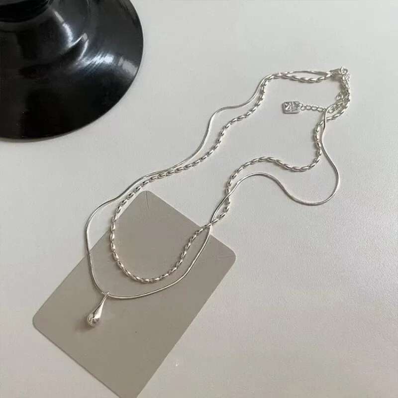Fashion Sier Color Double Layer Waterdrop Pendant for Women Minimalist Metal Bead Clavicle Chain Necklace Jewelry