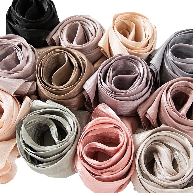 K699 Cross-border solid color headscarf silk scarf thin large gauze scarf travel sunscreen shawl linen plain satin scarf versatile