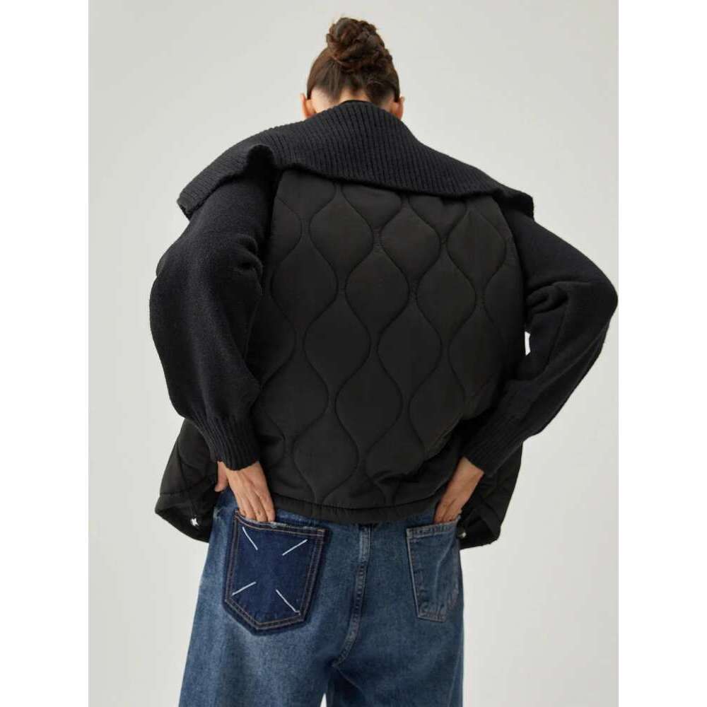 ZBZA Vintage Splicing Knit Padded Jacket Navy Collar Long-sleeved Single Breasted Pocket Quilting Overcoat Winter New Lady Coat