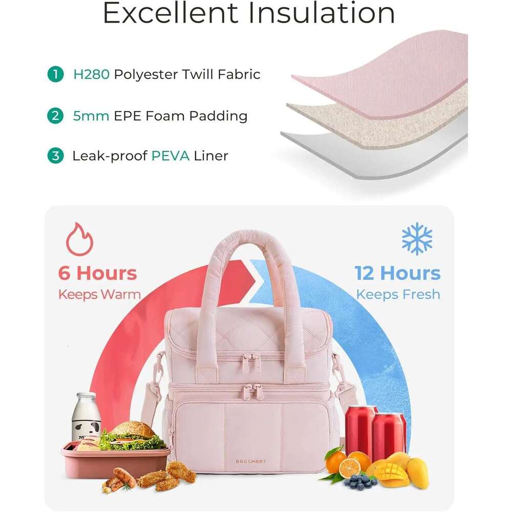 BAGSMART Bag Women Double Deck Insulated Lunch Box Quilted Puffer Tote Leakproof Reusable Large Cooler For Work School