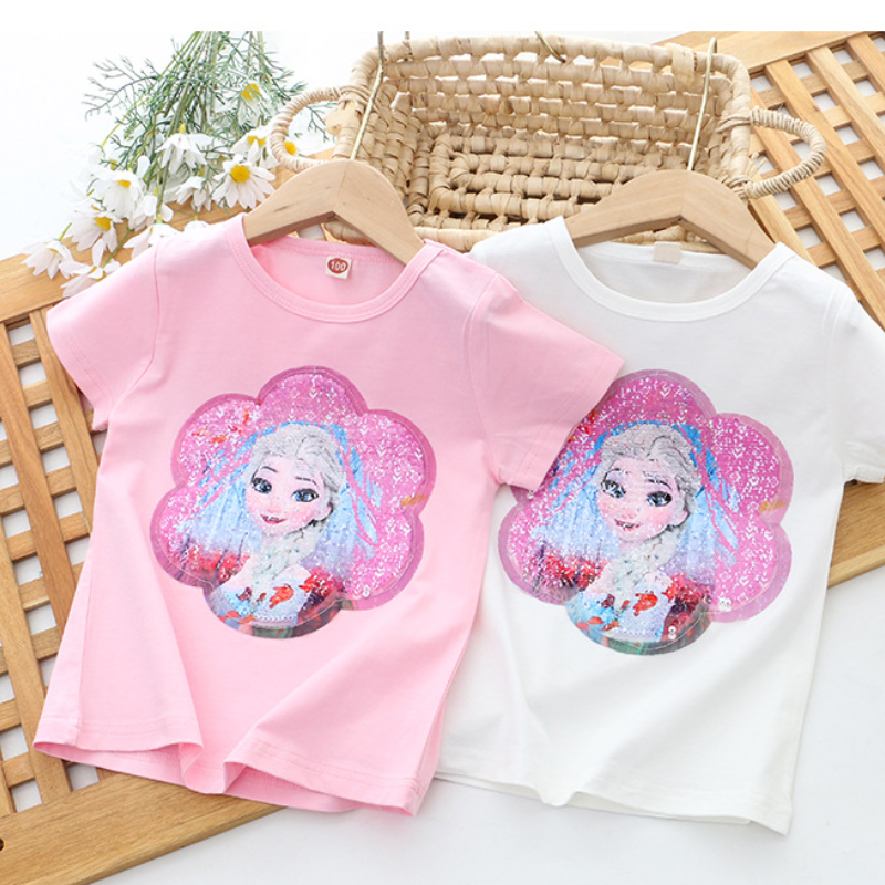 DISNEY Frozen Princess Elsa Kids designer clothes Little girl summer outfit short-sleeved reversible color-changing sequin T-shirt princess top.