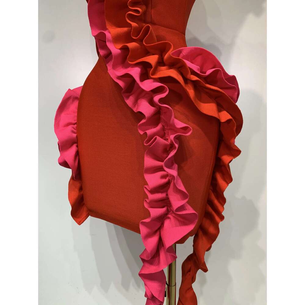 Women Sexy One Shoulder Red Ruffles Bodycon Bandage Dress 2025 Celebrity Elegant Evening Birthday Party Club Dresses