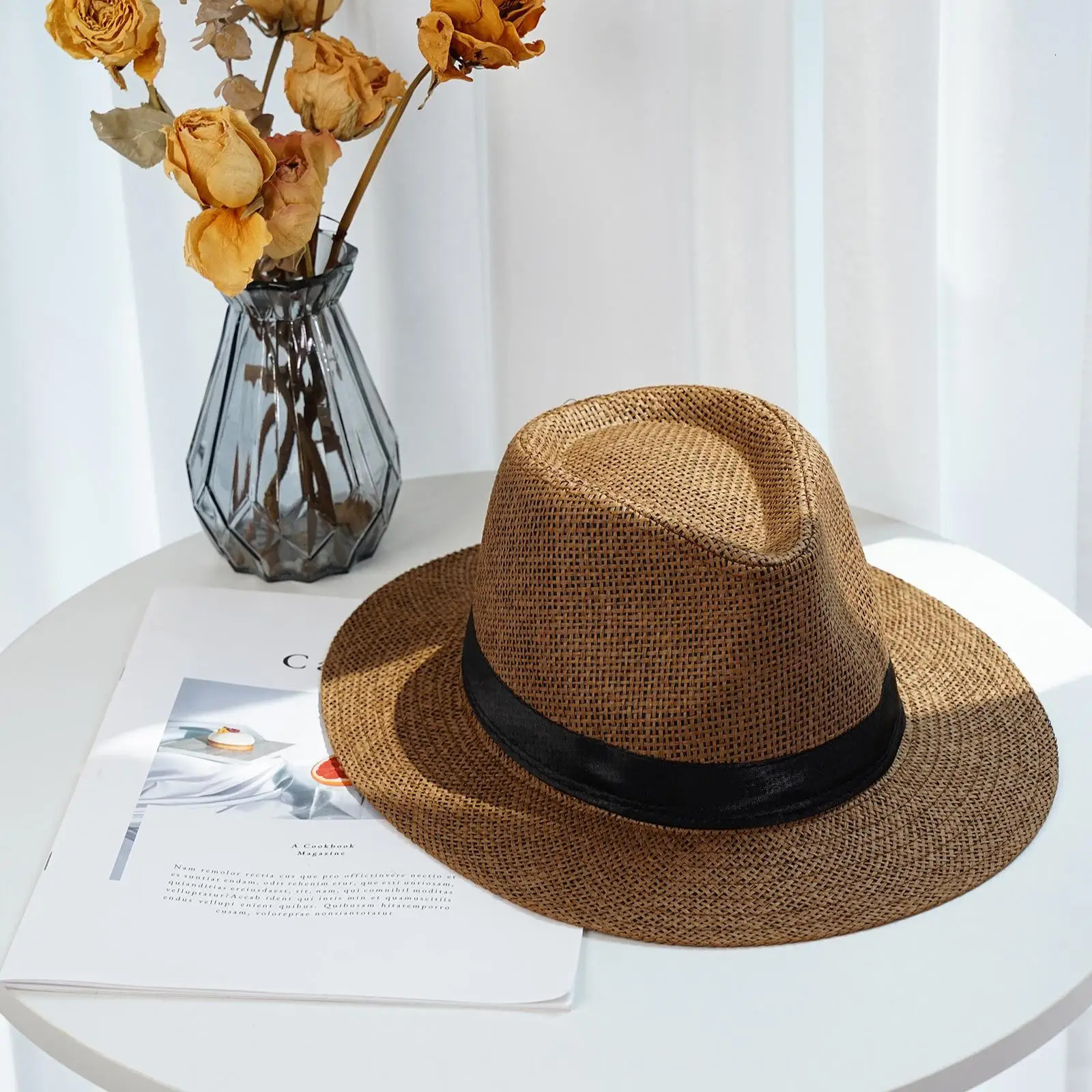 Fashion Men Natural Panama Straw Hat Summer Trendy Beach Sun Hats Solid Color Fedoras Ribbon Casual Cowboy Jazz Cap Gangster 250512