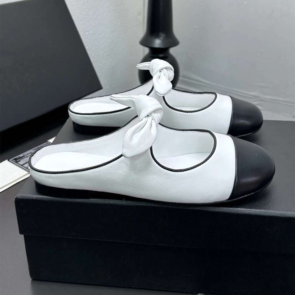 Women Size35-41 Genuine Leather Mules Low Heels Butterfly Knot Slippers Round Toe Slide Designer Shoes Zapatillas De Mujer