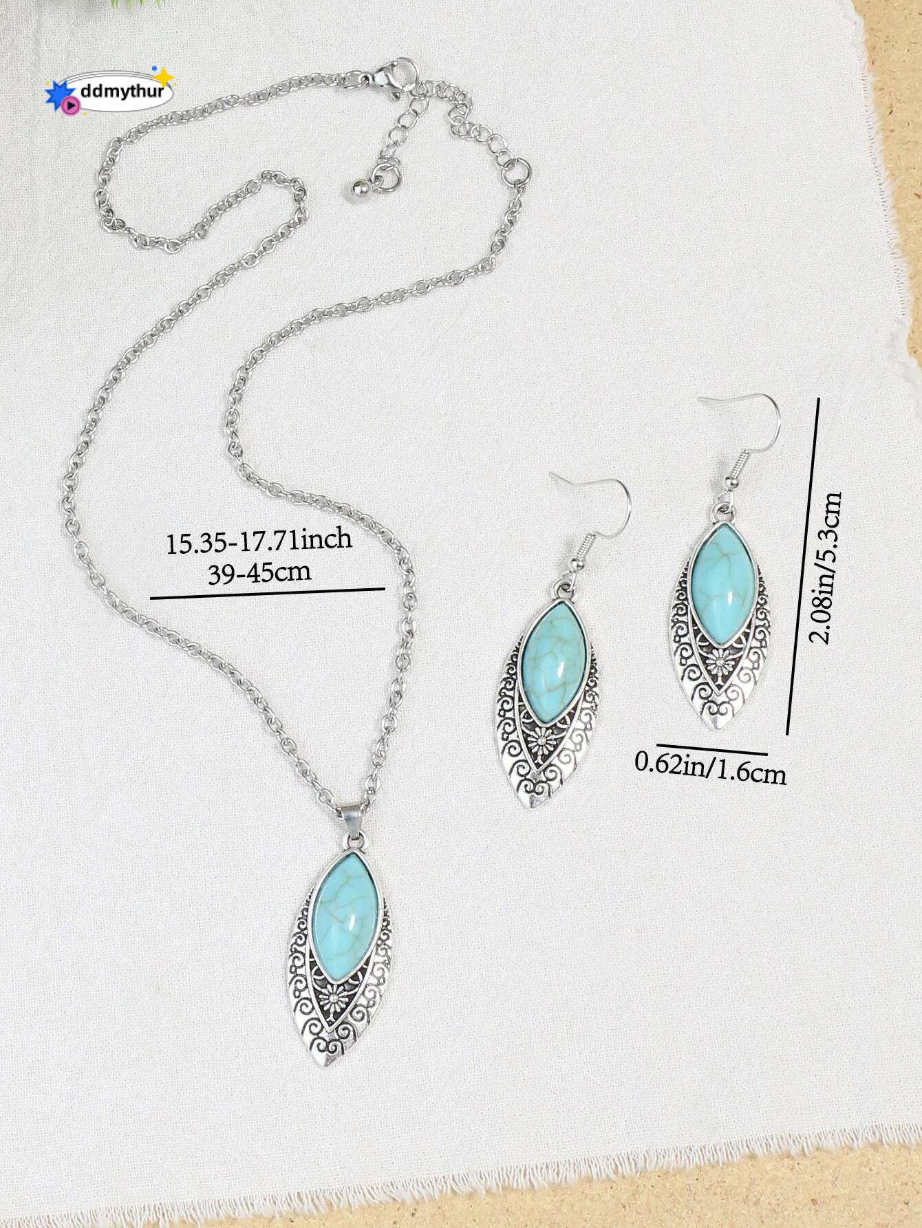 Ethnic Boho Turquoises Necklace Earring for Women Vintage Sier Plated Carved Flower Dangle Earrings Indian Jewelry Gift ddmythur
