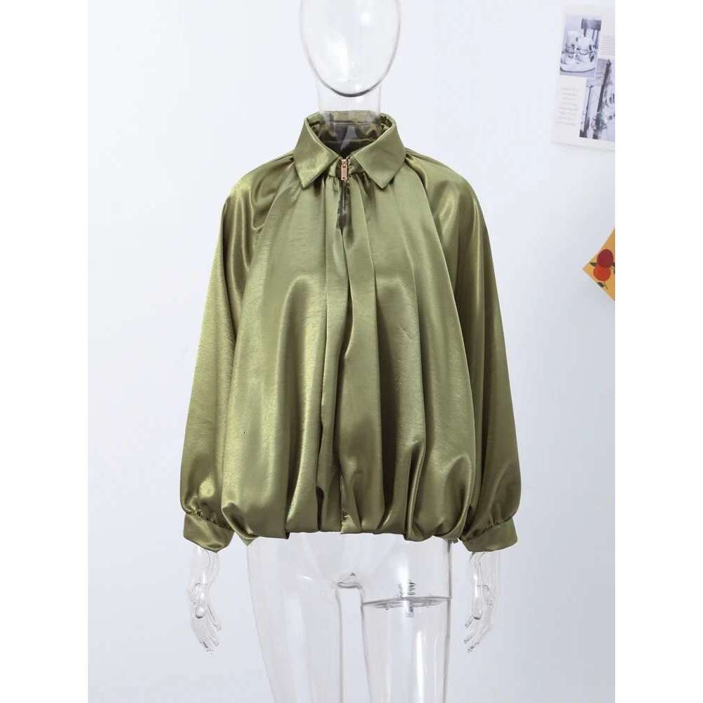 Elegant Green Suede Jacket Women Long Puff Sleeve Lapel Zipper Loose Jackets 2025 Spring Autumn Street Pleated Short Outwear