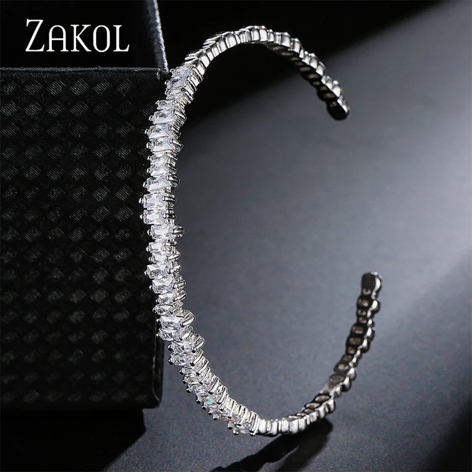 ZAKOL Fashion Cubic Zirconia Cuff Bangles for Women Trendy Baguette Men Open Bracelet Party Jewelry B154 250512