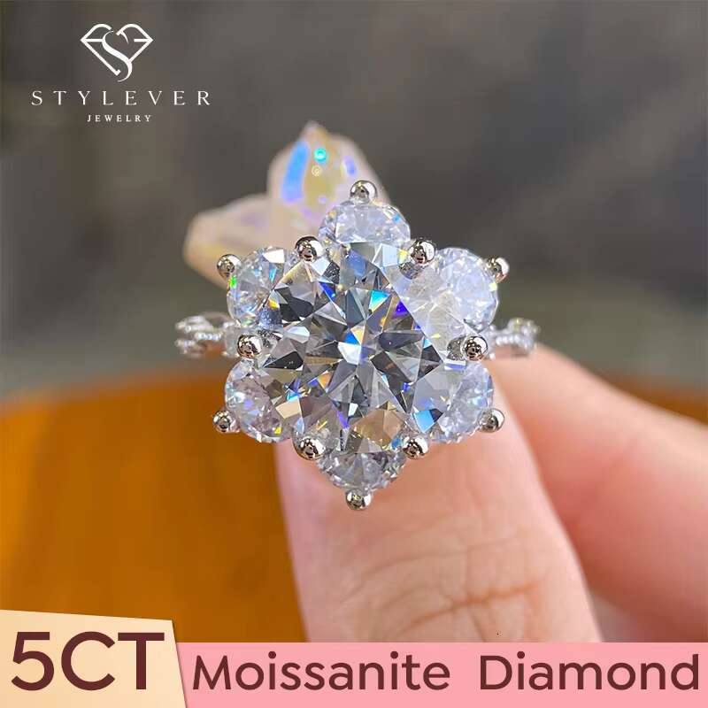 925 Sterling Silver Gra Certified 5ct Large Moissanite Diamond VVS D Color Sun Flower Ring Wedding Luxury Fine Jewelry for Women