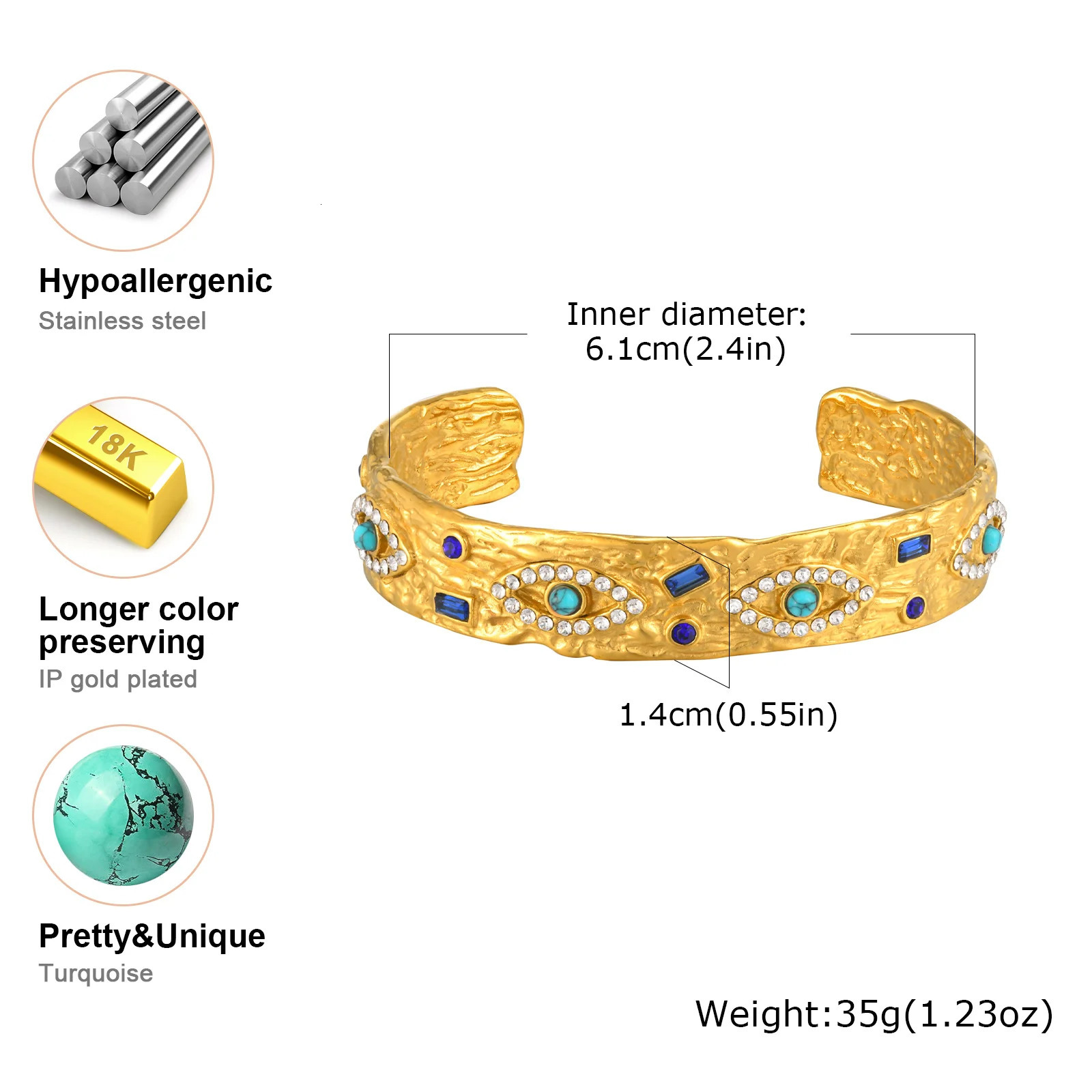 Vnox y Zircon Cuff Bracelet For Women Waterproof Stainless Steel Jewelry Eye Bracelets Stone Never Lose Mothers Day Gift 250512