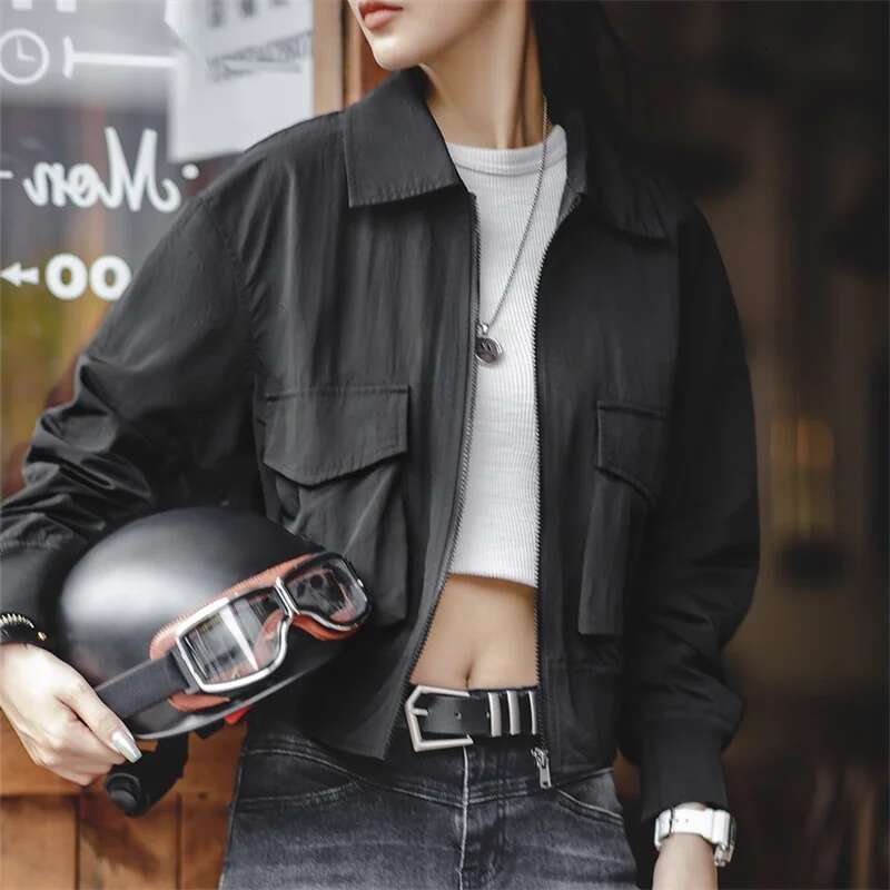Maden Bomber for Women Black Casual Crease Short Coat Turn-down Collar Jackets Retro Autumn Tops Motorcycle Jacket