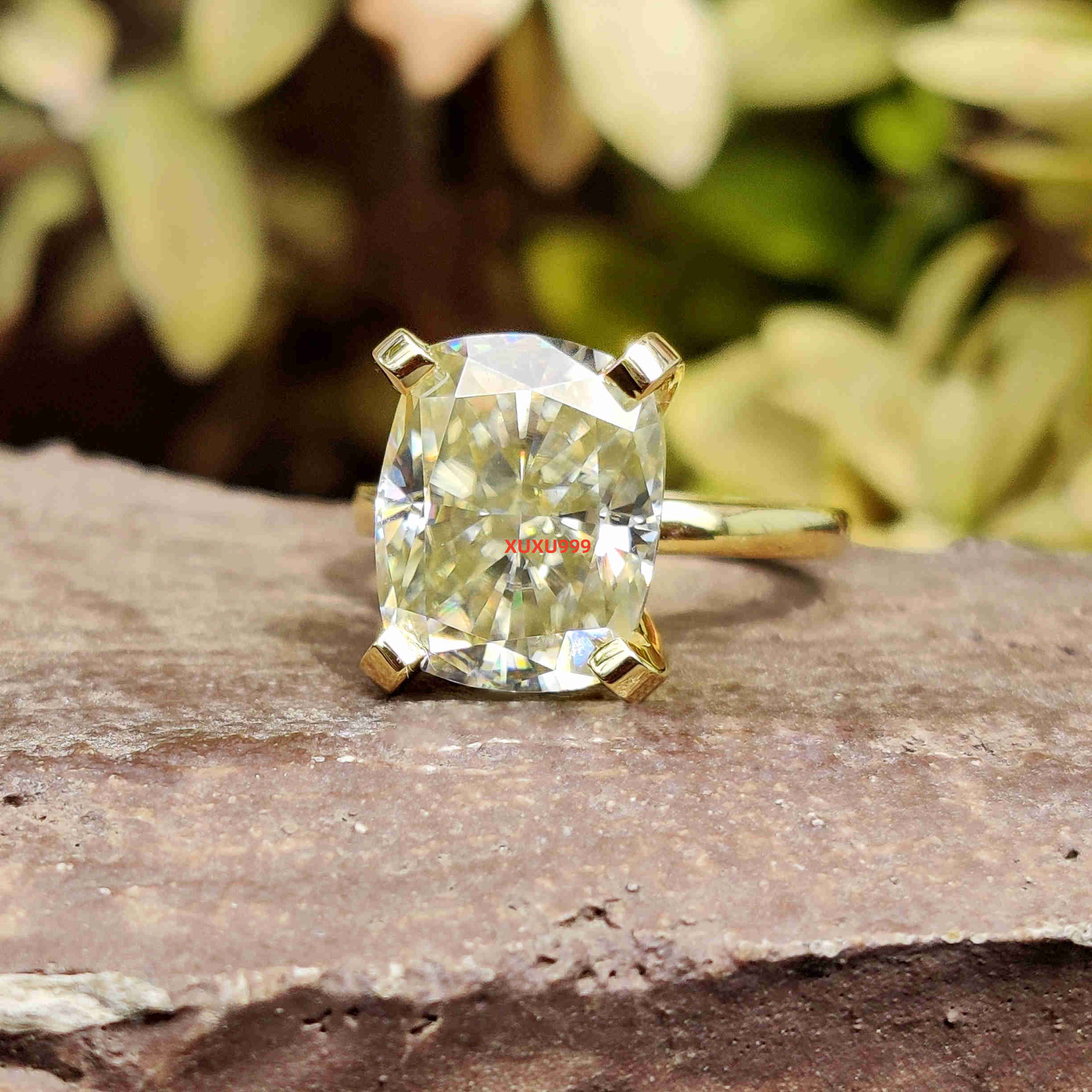 Elongated Cushion Solitaire Diamond Ring Yellow Moissanite Ring Moissanite Engagement Ring for Women