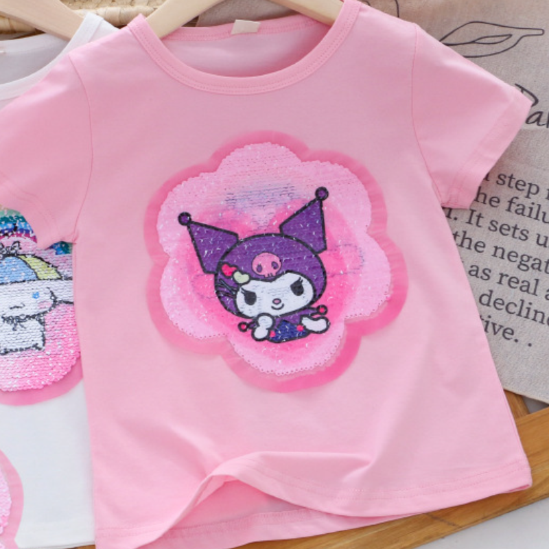 DISNEY Frozen Princess Elsa kids designer clothes Girls' T-shirt children's summer short-sleeved color-changing sequin T-shirt Kuromi.