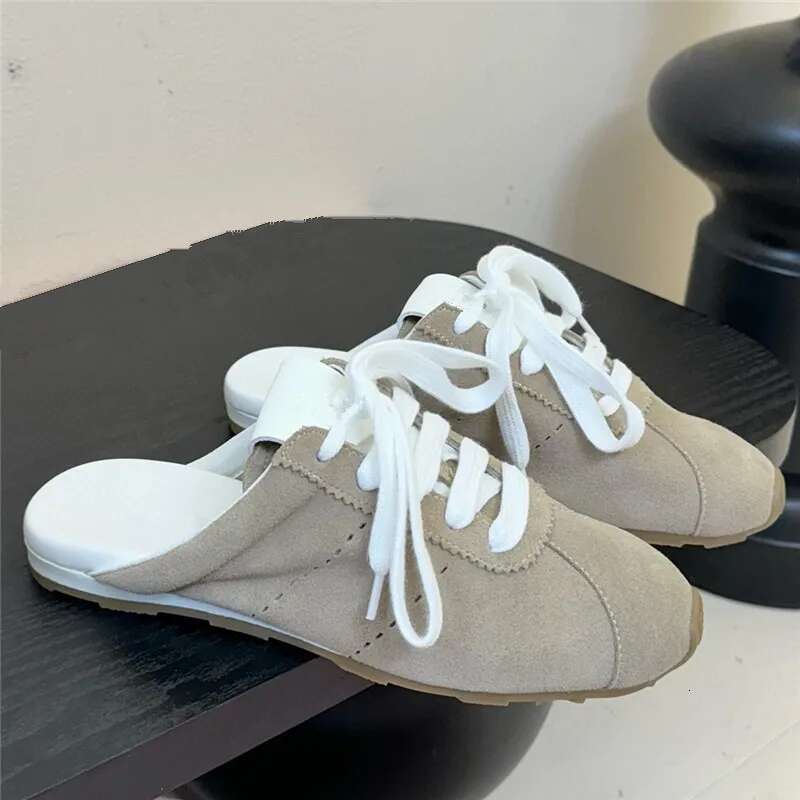 Womens Spring Autumn Slide Tennis Mule Derby Sneaker Shoes Genuine Leather Casual Comfort Flat Low Heel Closed Toe Lace Up