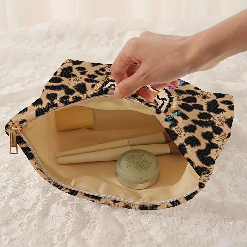 Fashionable Tiger Leopard Print Corduroy Makeup Zipper, Lightweight Multifunctional Cosmetic Storage Bag With Lining