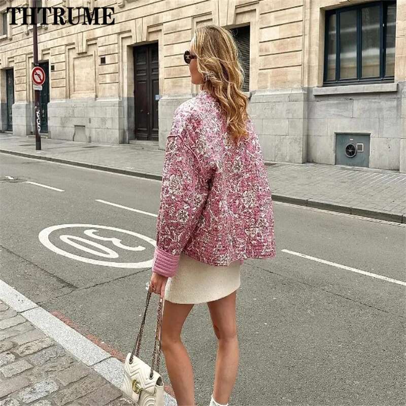 Elegant Women Floral Print Jacket Fashion Long Sleeve Vintage Autumn Winter Warm Coats Casual Communte O-Neck Chic Quilted Coat