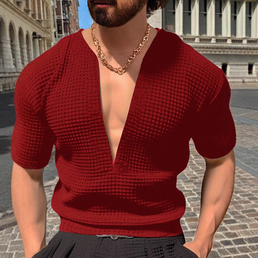 Mens Summer Sports Fitness Leisure V-neck Elastic Solid Color Large Short Sleeve T-shirt 250512