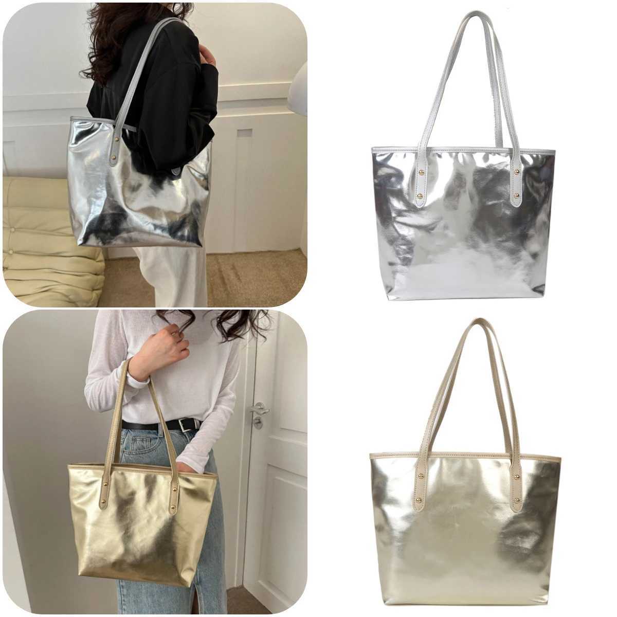 Women Large Handbag with Zipper Luxury Designer Silver Gold Shoulder Bag Simple Solid Color Soft Shopper Purse Ladies Tote BagXJ250512