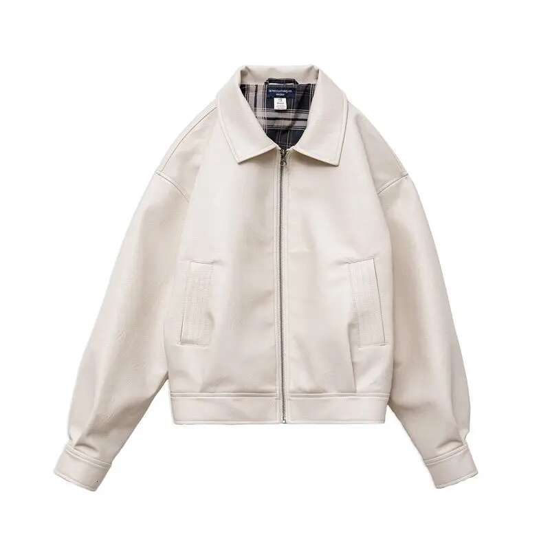 Maden Retro Beige Leather with Lapel Collar Loose Fit Motorcycle Style Short Jacket Versatile Outerwear Tops for Women