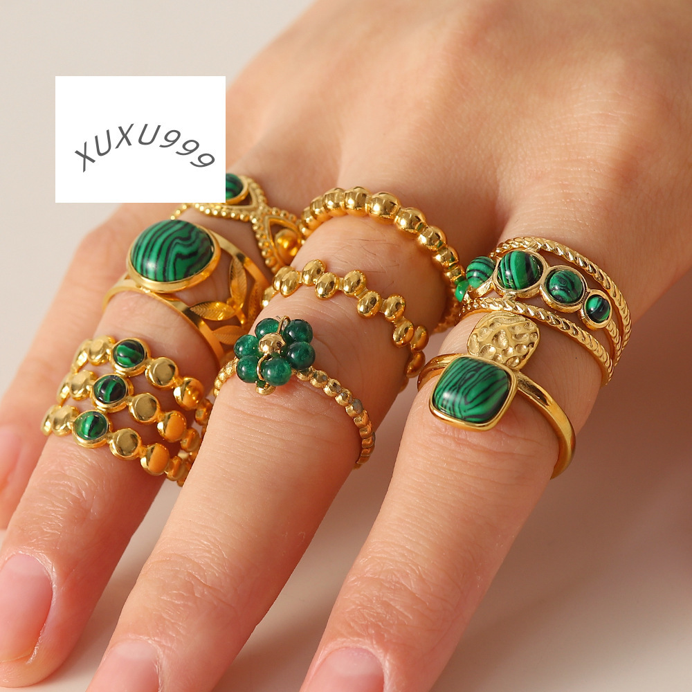 Stainless Steel Stackable Open Ring Wedding Green Gemstone Emerald Natural Stone Ring for Women