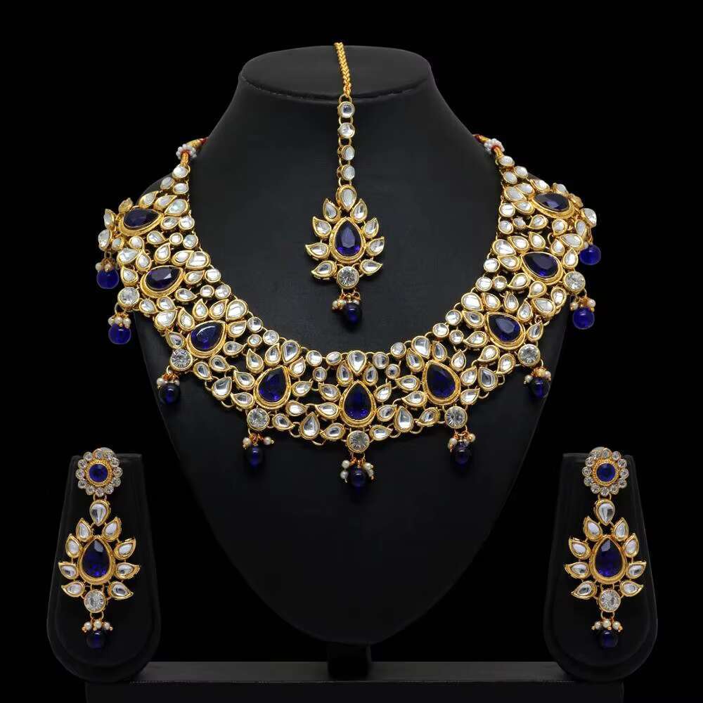 Traditional Kundan earrings necklace&Maang Tikka white imitation pearl women's alloy jewelry set wedding party gift