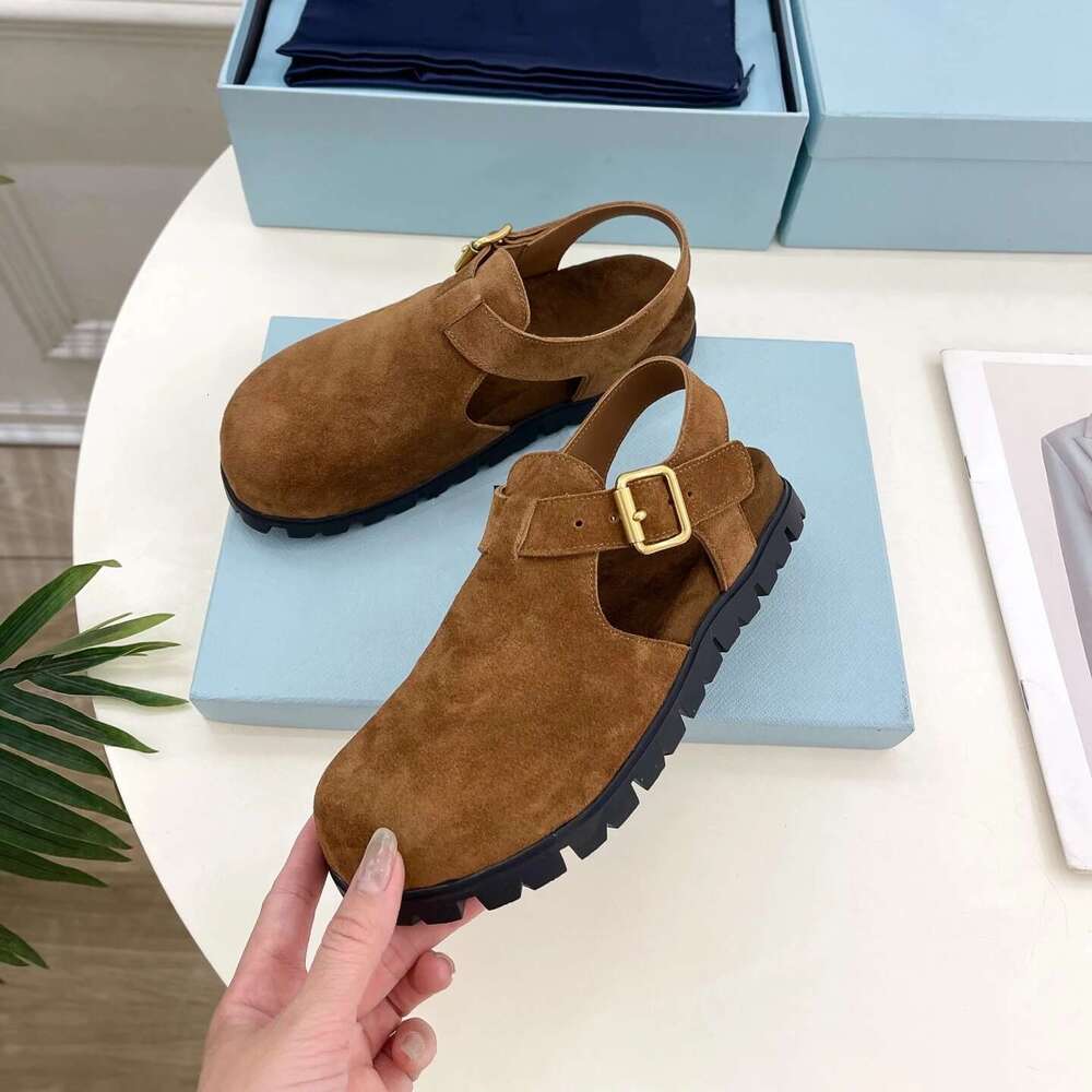Women Size35-42 Natural Cow Suede Sandals Beach Flats Round Toe Buckle Strap Leisure Designer Shoes Zapatillas De Mujer
