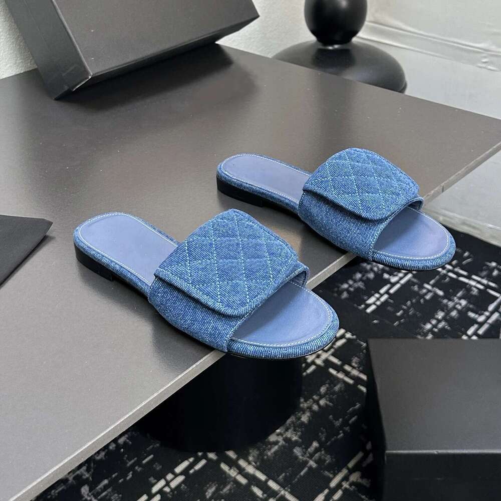 Women Size35-41 Denim Slippers Low Heels Sewing Summer Slides Genuine Leather Leisure Designer Shoes Zapatillas De Mujer