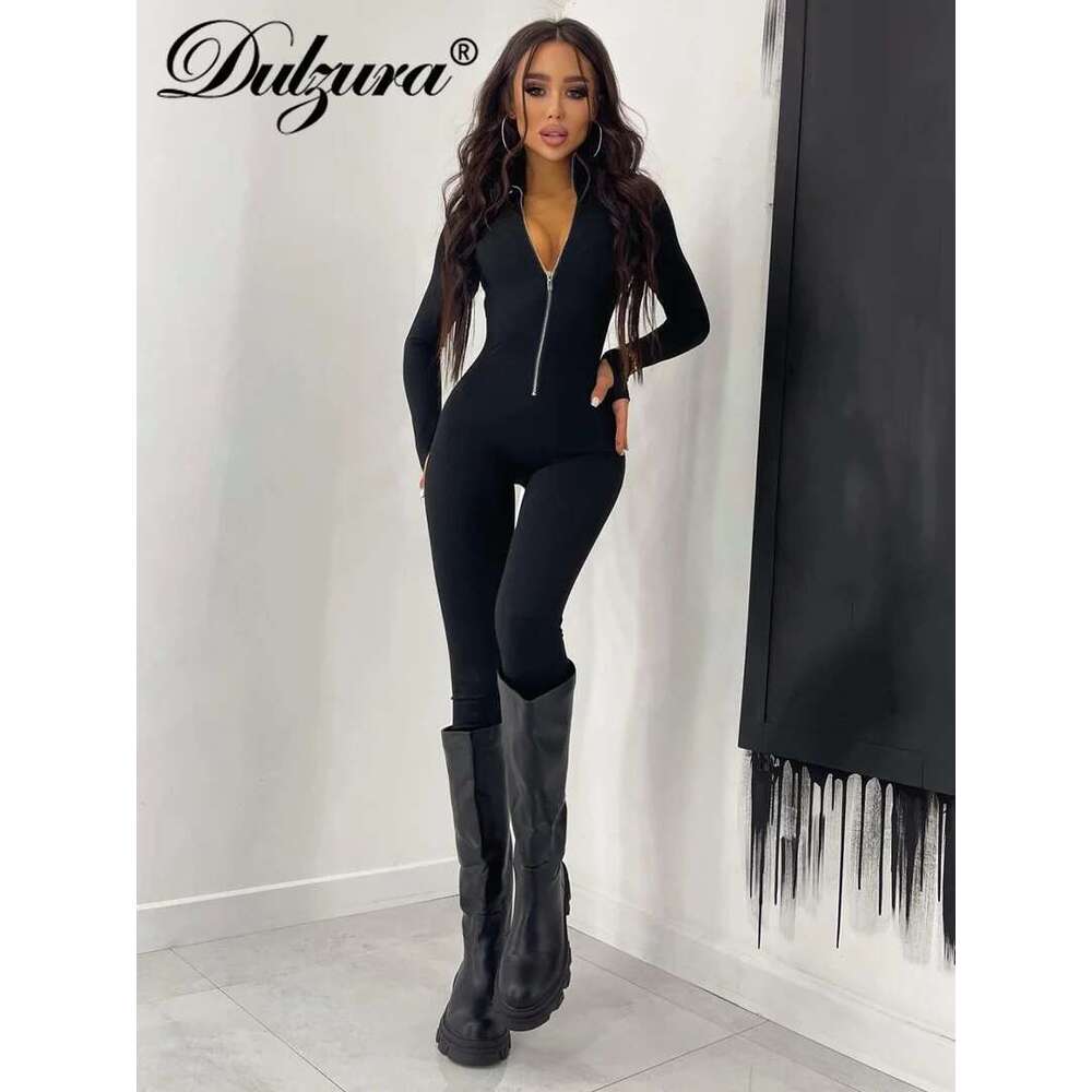 Dulzura Autumn Winter Women Solid Long Sleeve Zipper Jumpsuit Skinny Sexy Streetwear Casual Rompers Sportswear