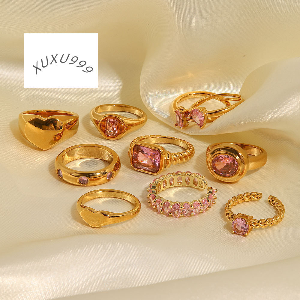Fashion Multiple Styles Wedding Pvd Gold Plated Stainless Steel Inlaid pink Stone Rings for Women