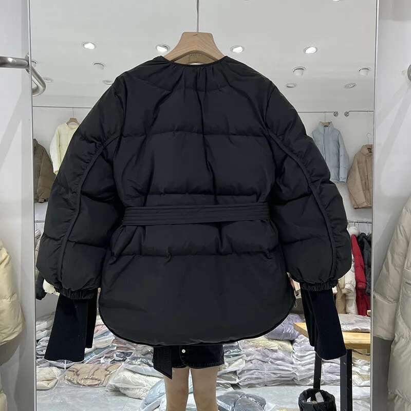 New Design Women Winter Jacket Solid Sashes Coat Female 90 White Duck Puffer Down Parka Sweet Office Outwear Designer