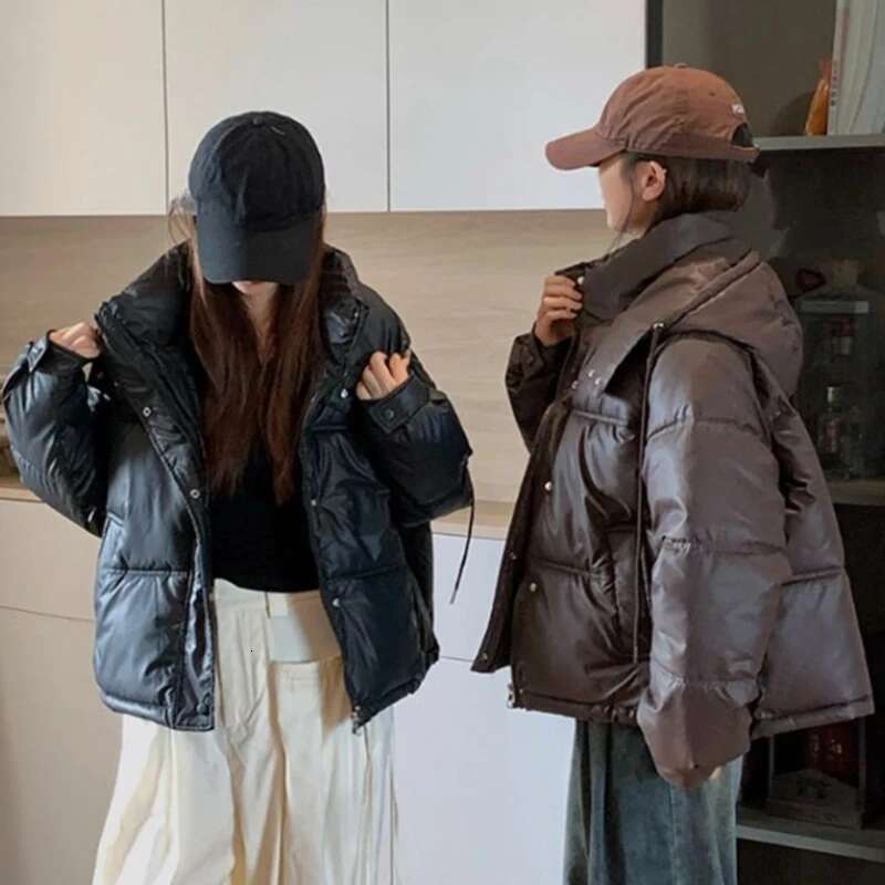 Rimocy American Vintage Brown Short Jacket Fashion Warm Long Sleeve Parkas Woman New Autumn Winter Hooded Puff Coats