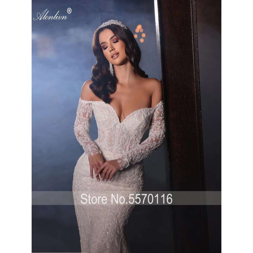Alonlivn Luxurious Embroidery 2 In 1 Mermaid Bridal Gown Beading Appliques Lace Off Shoulder Sleeves Sweetheart Wedding Dress