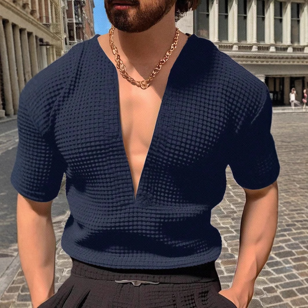Mens Summer Sports Fitness Leisure V-neck Elastic Solid Color Large Short Sleeve T-shirt 250512