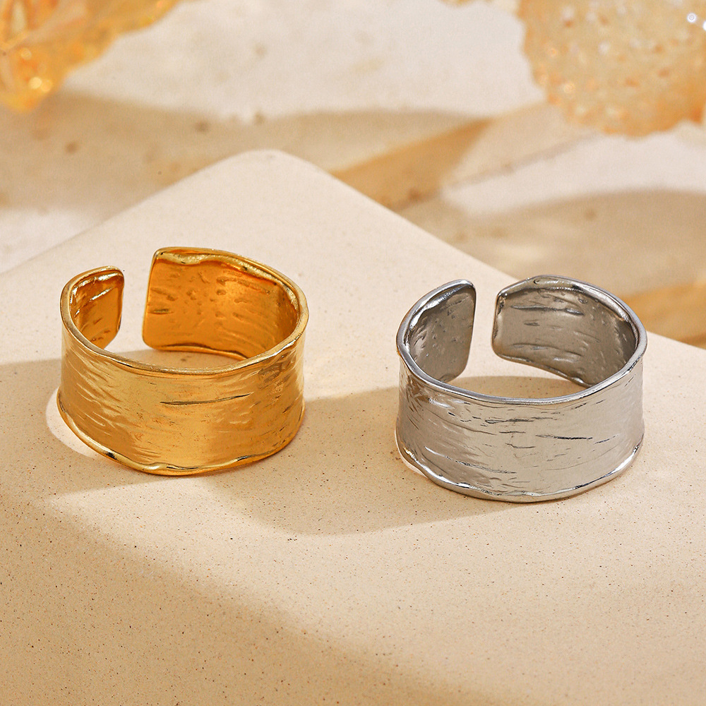 Ins style wide face geometric opening adjustable gold-plated stainless steel women's French ring