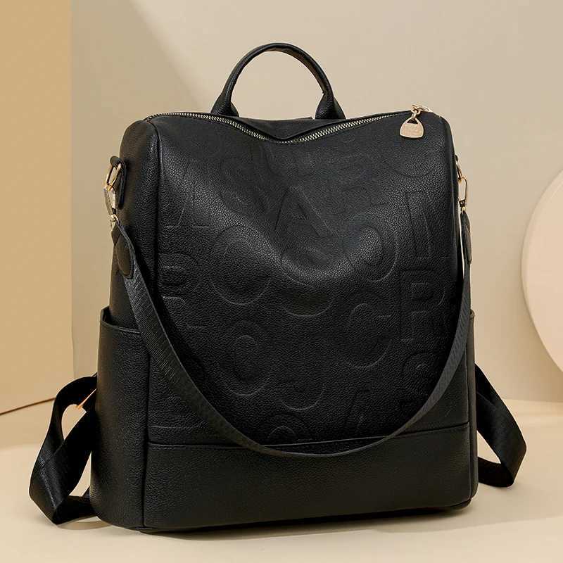 Large capacity backpack for women made of PU soft leather with letter embossing a light and casual backpack for female college Z250512