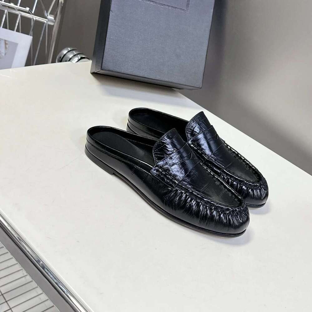 New Women Genuine Leather Mules Low Heels Natural Cow Suede Slippers Pleated Round Toe Designer Shoes Zapatillas De Mujer