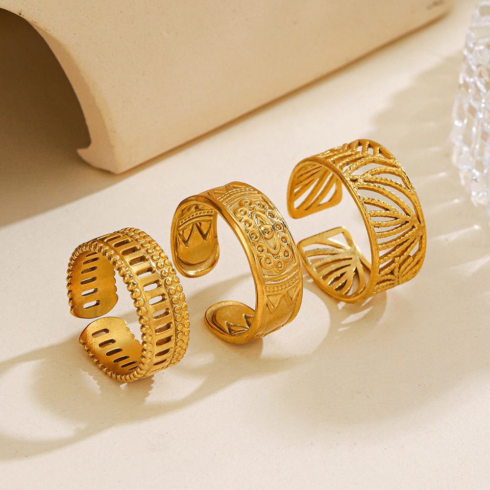 Popular Instagram Style Stainless Steel Leaf Female Personality Hip Hop Gold Plated Geometric Open Ring