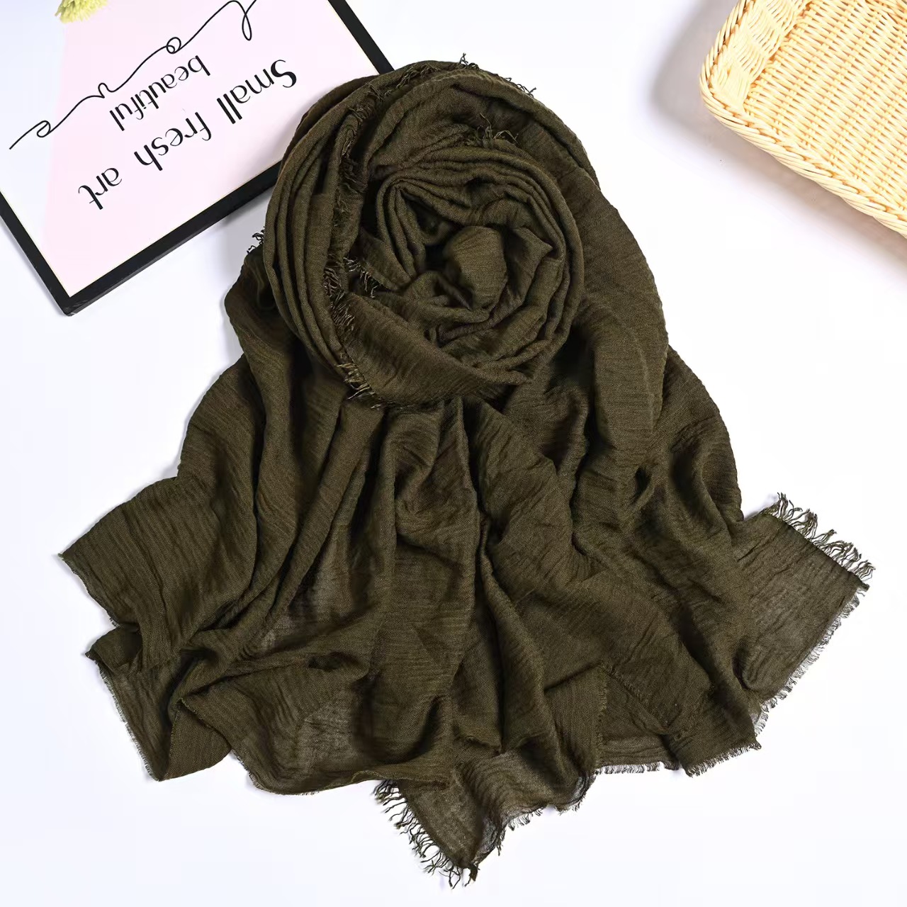 T688 European and American encrypted bubble wrinkle monochrome cotton and linen scarf solid color hair beard headband wrinkle pleated shawl