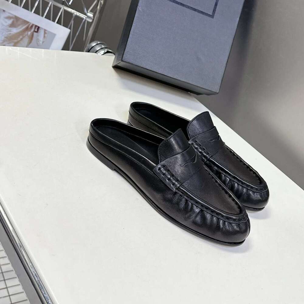 New Women Genuine Leather Mules Low Heels Natural Cow Suede Slippers Pleated Round Toe Designer Shoes Zapatillas De Mujer