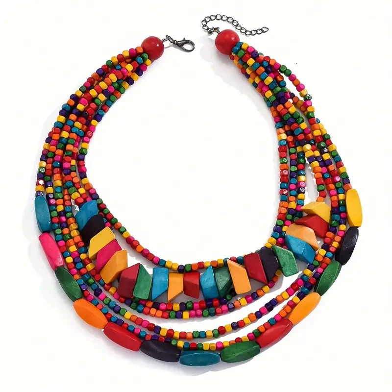 1pc Vintage Bohemian Style Colorful Wood Layered Necklaces Exaggerate Lively Fashion Elegant Casual Party Jewelry For Wome 250512