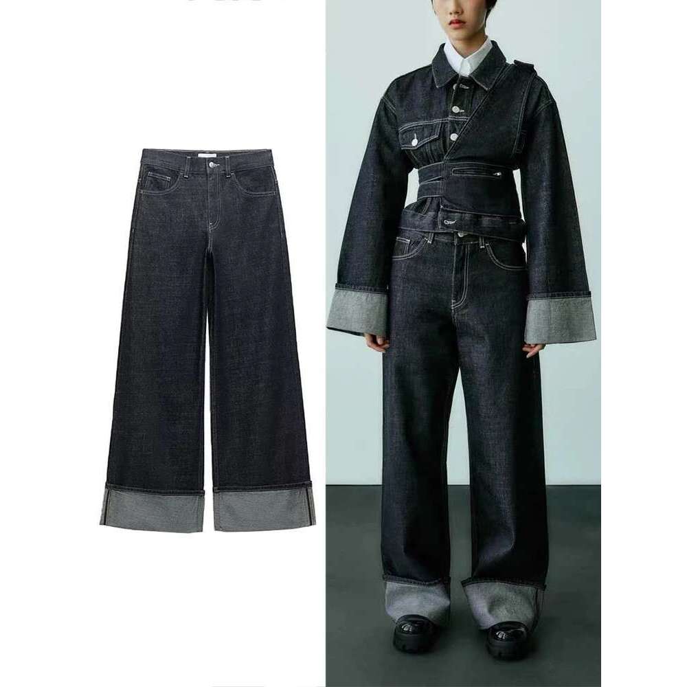 TRAF Women's New Slim High-Waisted Trailing Trousers Rolled Leg Loose Fashion Casual Wide-Leg Jeans