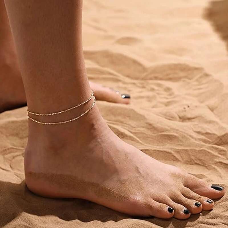 Ankle Women,14K Gold Sier Plated Layered Beads Anklets Bracelets For Women Girls Summer Jewelry Gifts
