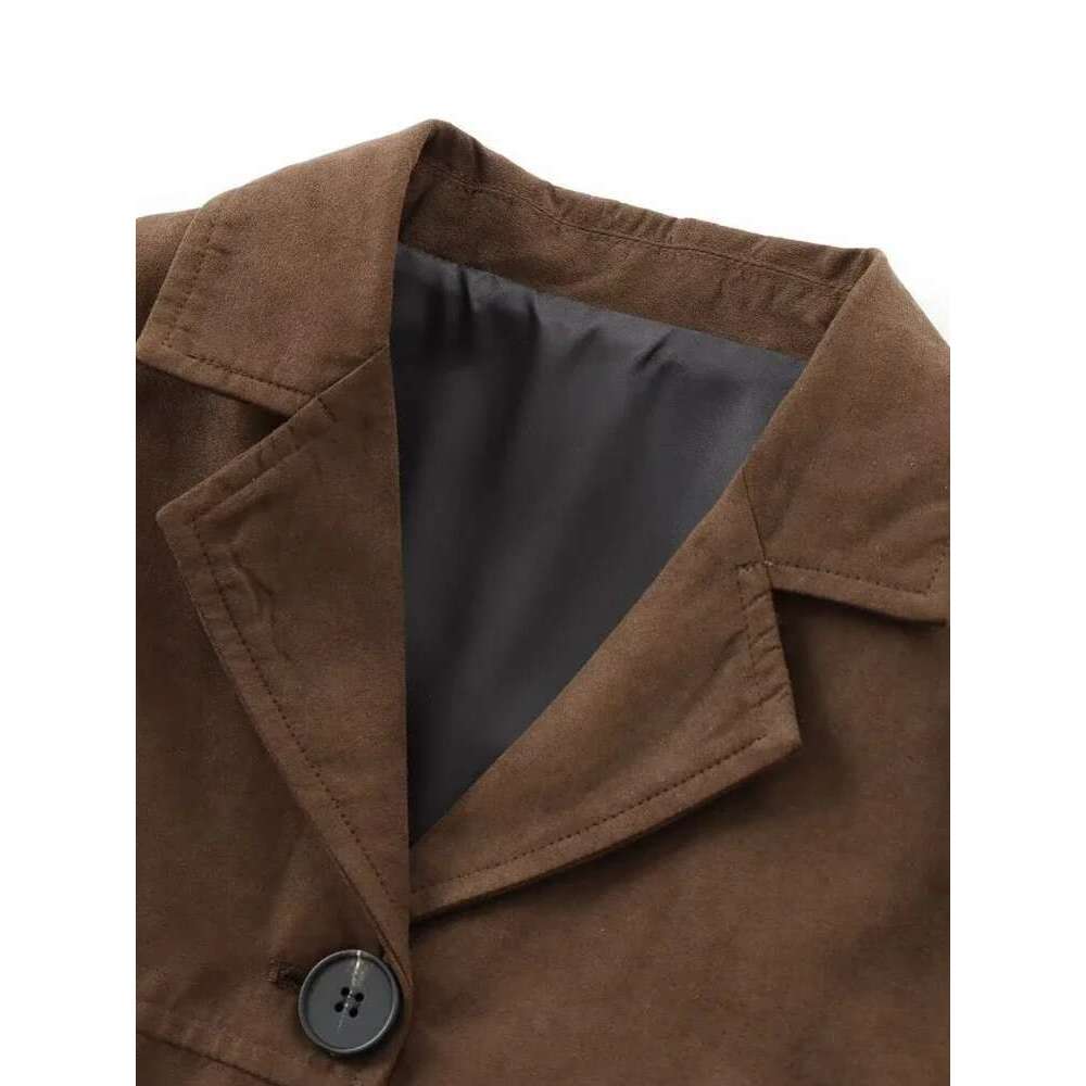ZBZA Women Retro Suede Leather Jacket Coat Casual Suit Collar Single-breasted Long-sleeved Cropped Overcoat Fall Winter Chic Top