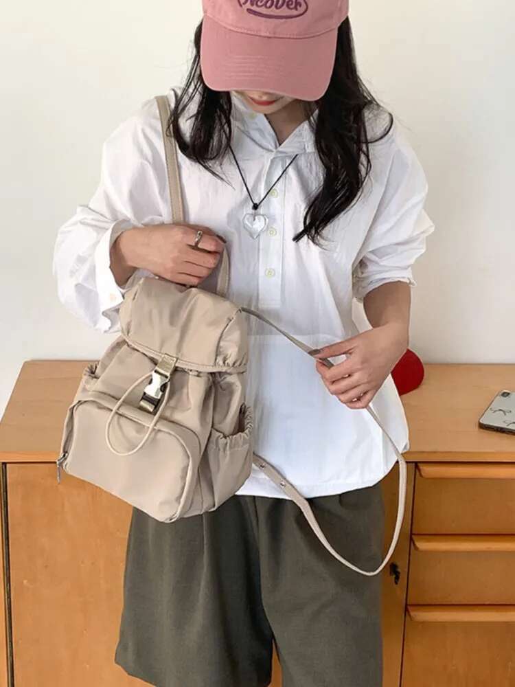 Fashion Casual Nylon Backpack For Women 2025 New Korean Flip Cover College Style Student Bags Simple Solid Handbags Lady