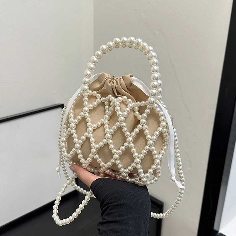 Pearl Womens Bucket Tote Bag Woven Pearl Crossbody Small Wallet Handbag Casual Drawstring Female Coin Purse Z250512