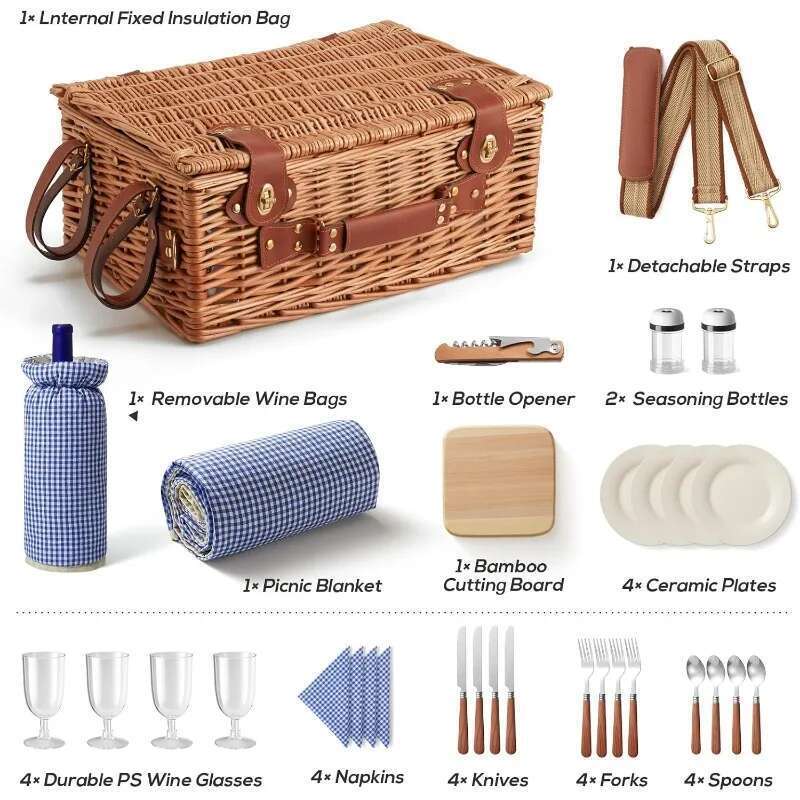 Wicker Basket Set For 4 Person With Cooler Compartment And Waterproof Picnic Blanket,Removable Strap,Wine Bag